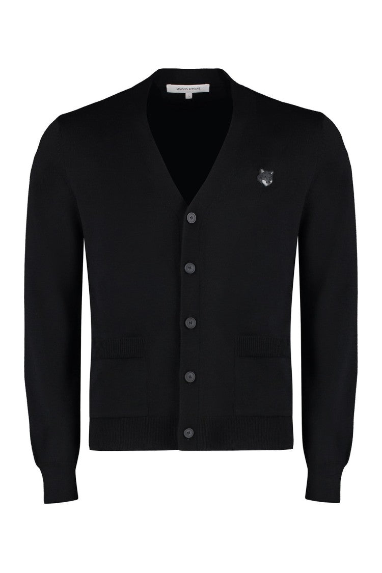 Black Wool Cardigan With V-Neckline And Embroidered Fox Emblem