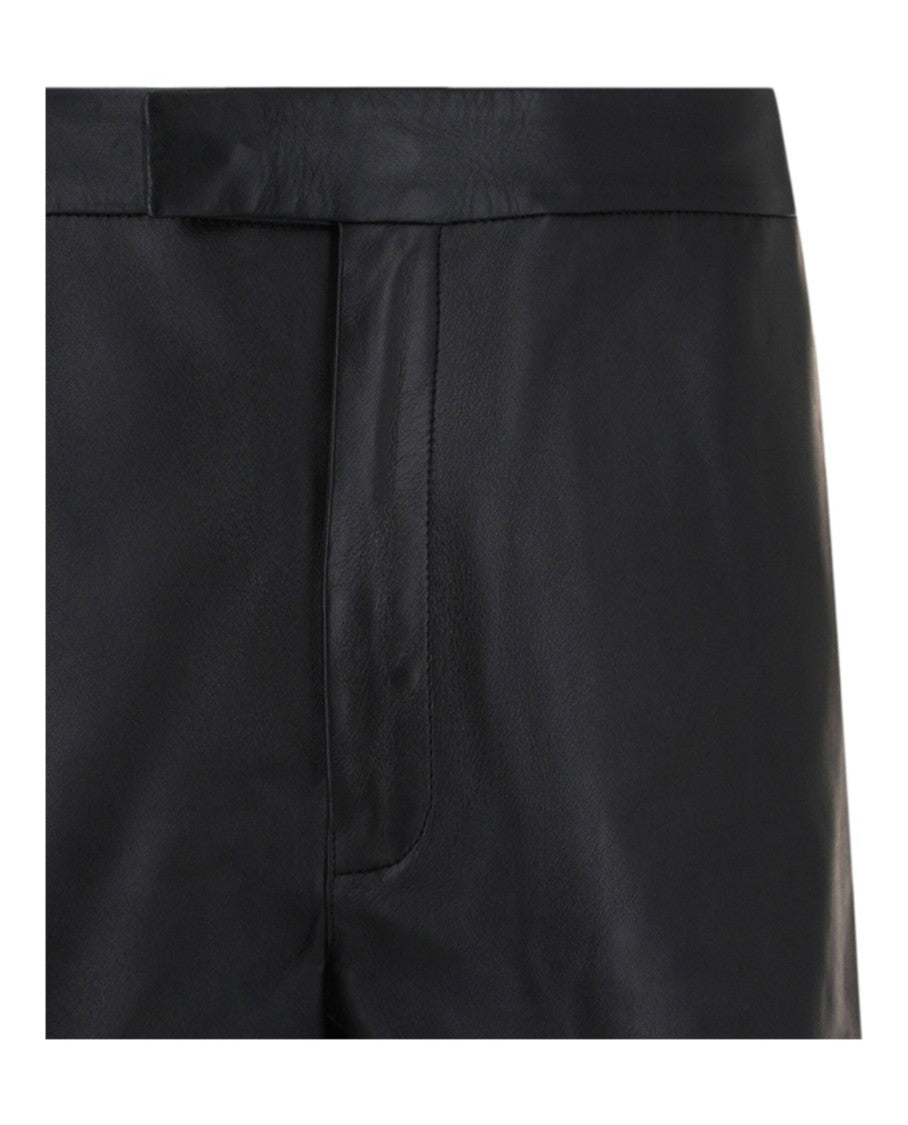 Mid-Rise Lambskin Leather Shorts With Concealed Button And Pockets