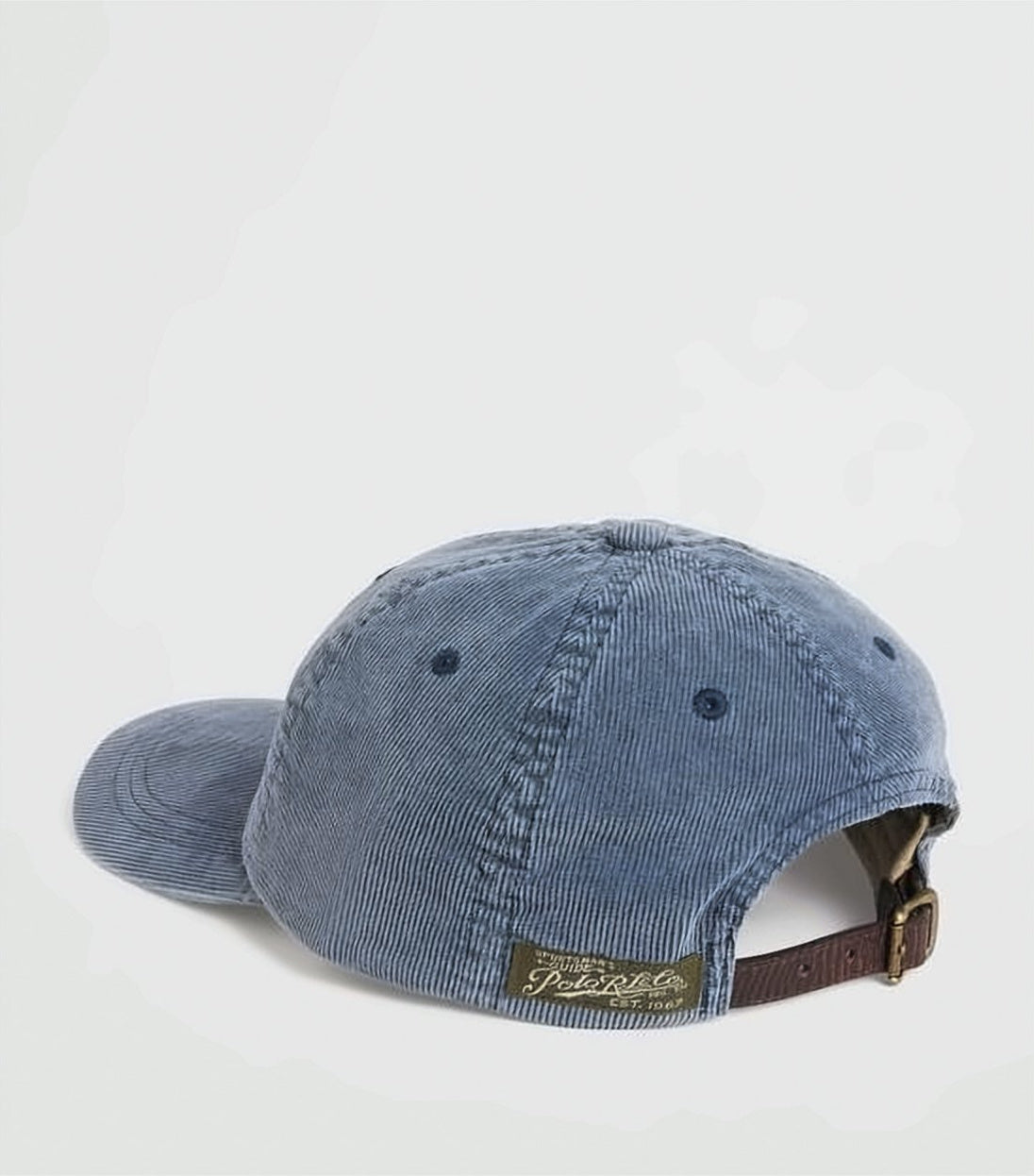 Vintage Embroidered Blue Corduroy Cap with Adjustable Leather Strap