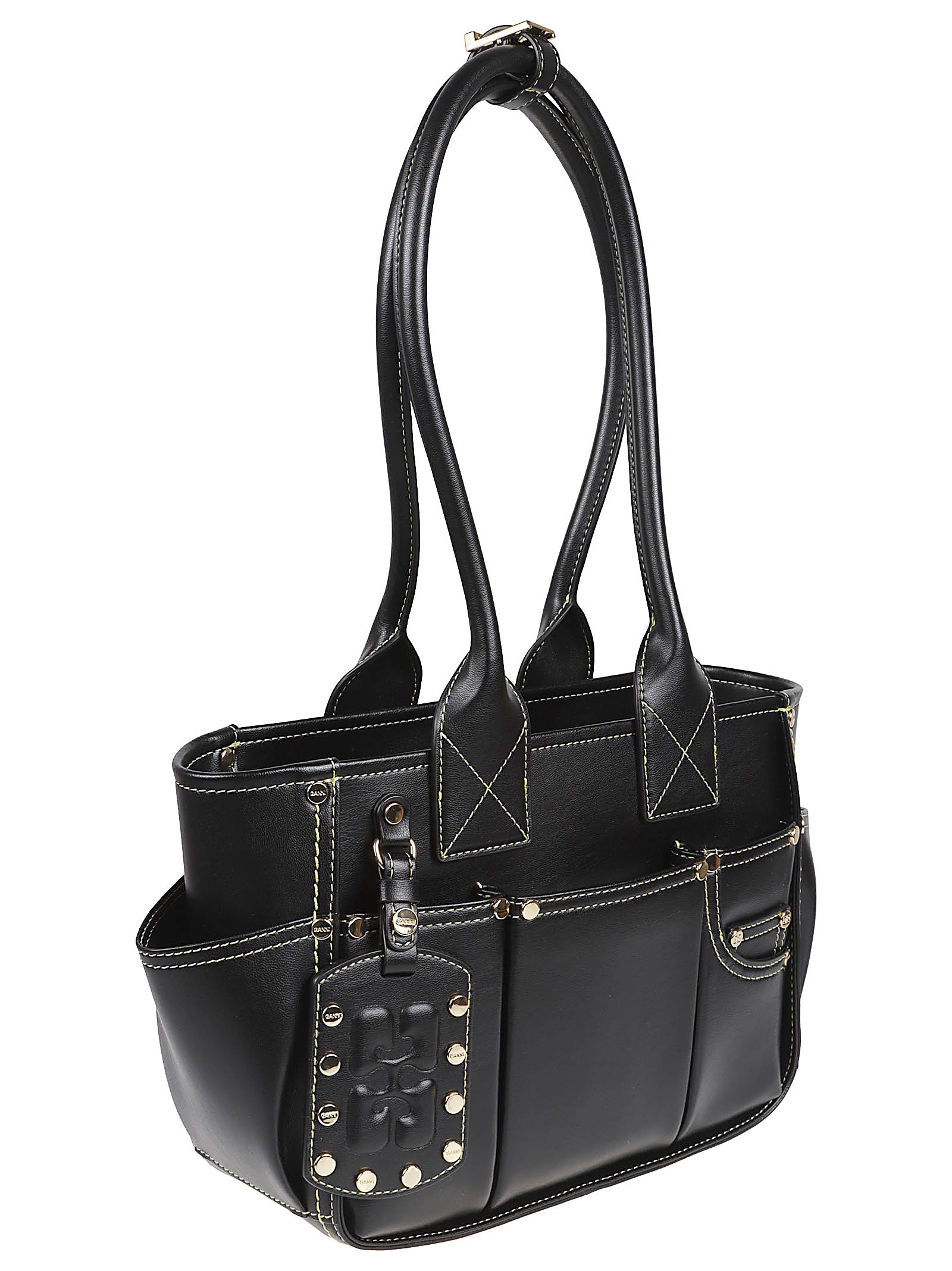 Structured Black Handbag with Contrasting White Stitching