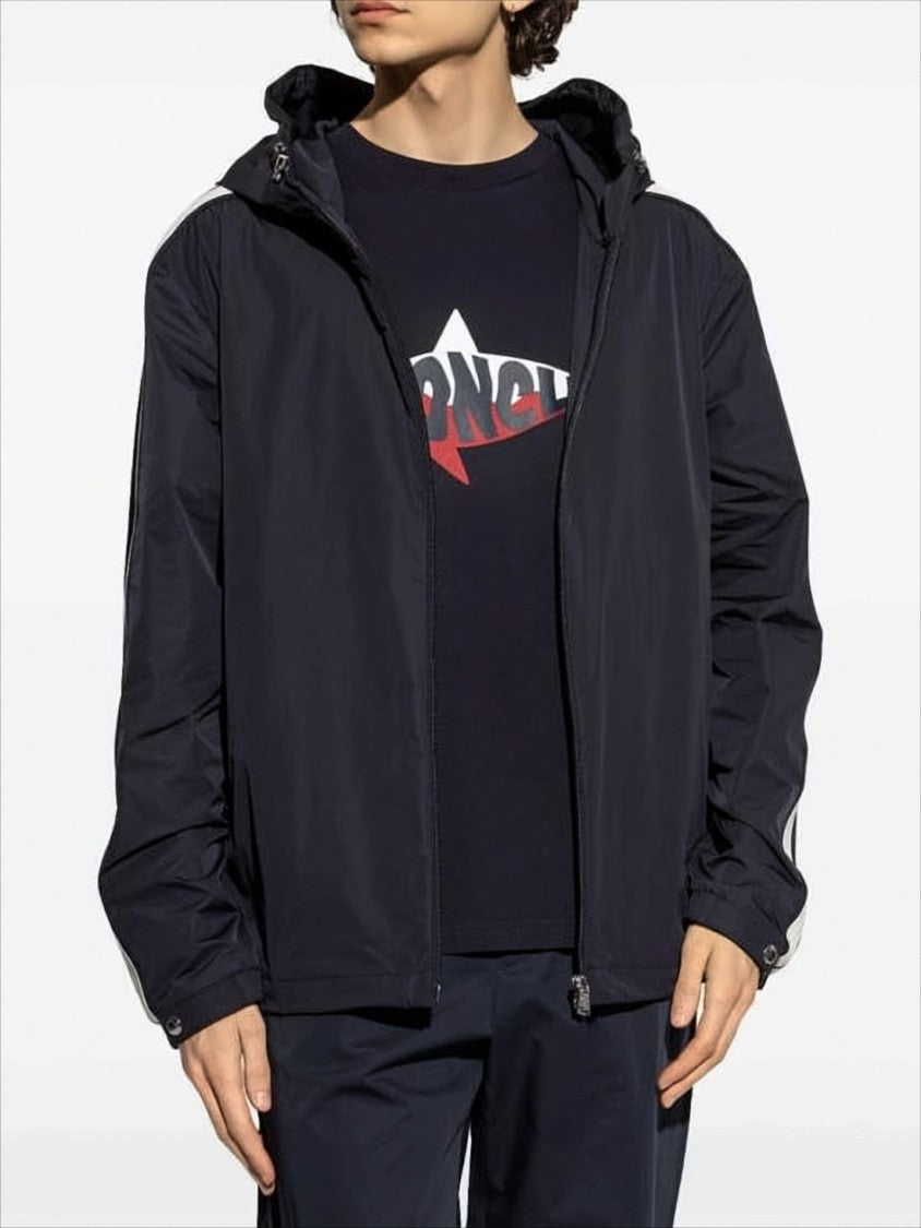 Hooded Black Lightweightjacket With Striped Detailing