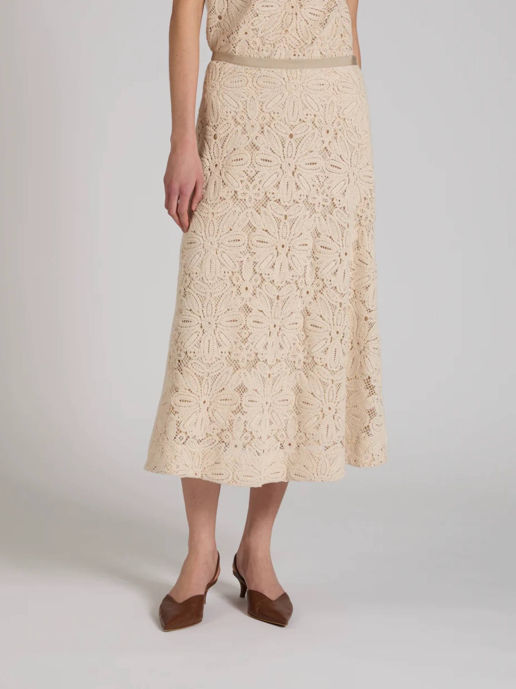 Beige Floral Lace Midi Skirt