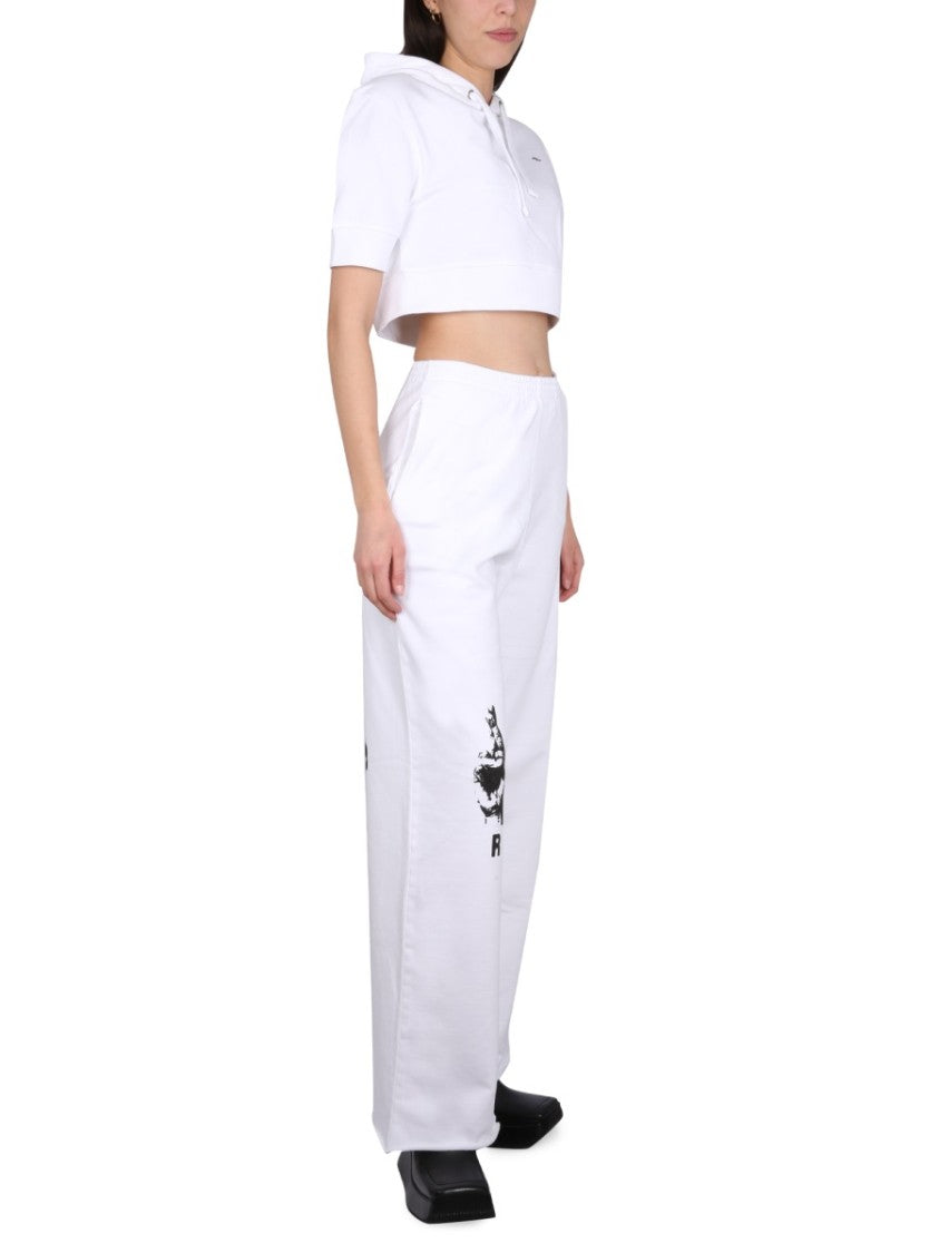 Cropped White Sweatshirt With Drawstring Hood