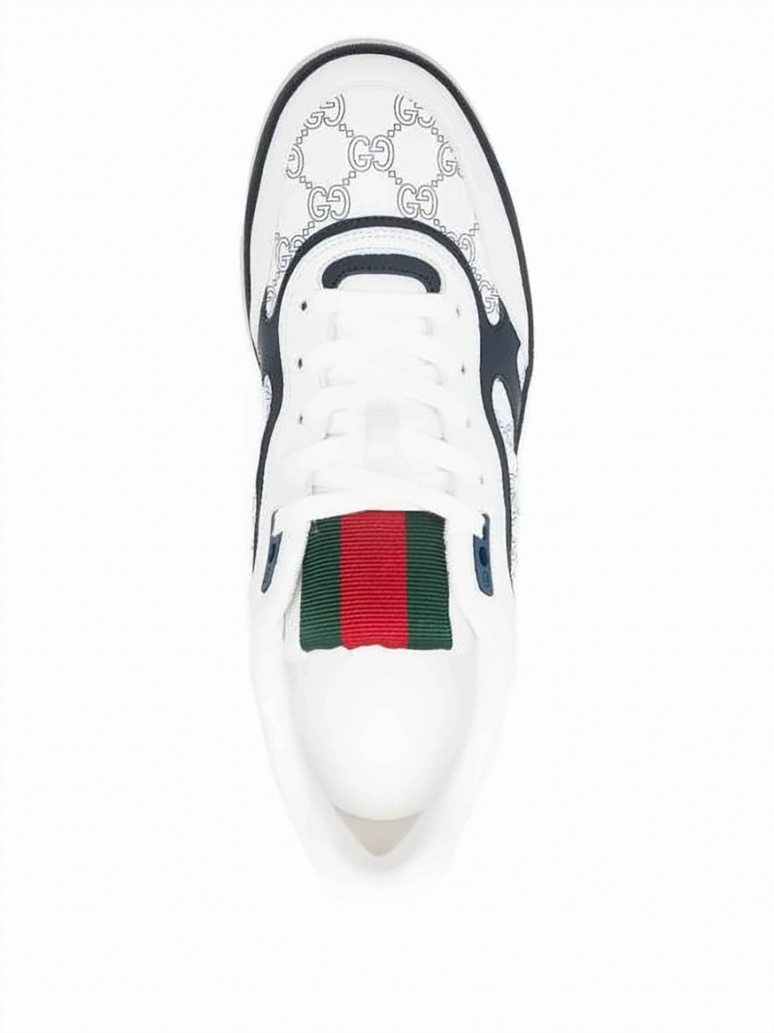 Low-Profile White Leather Sneakers with Navy Overlays and Monogram Side Panel
