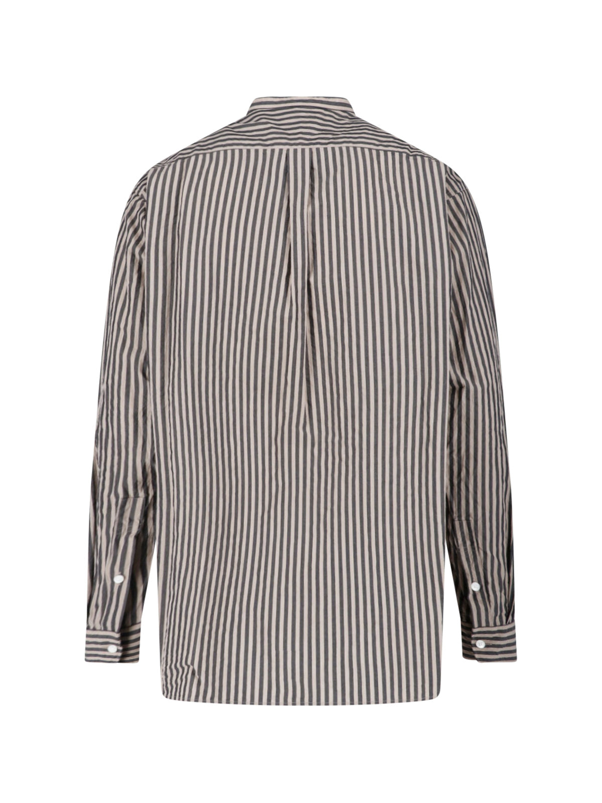 Brown Striped Cotton Band Collar Shirt