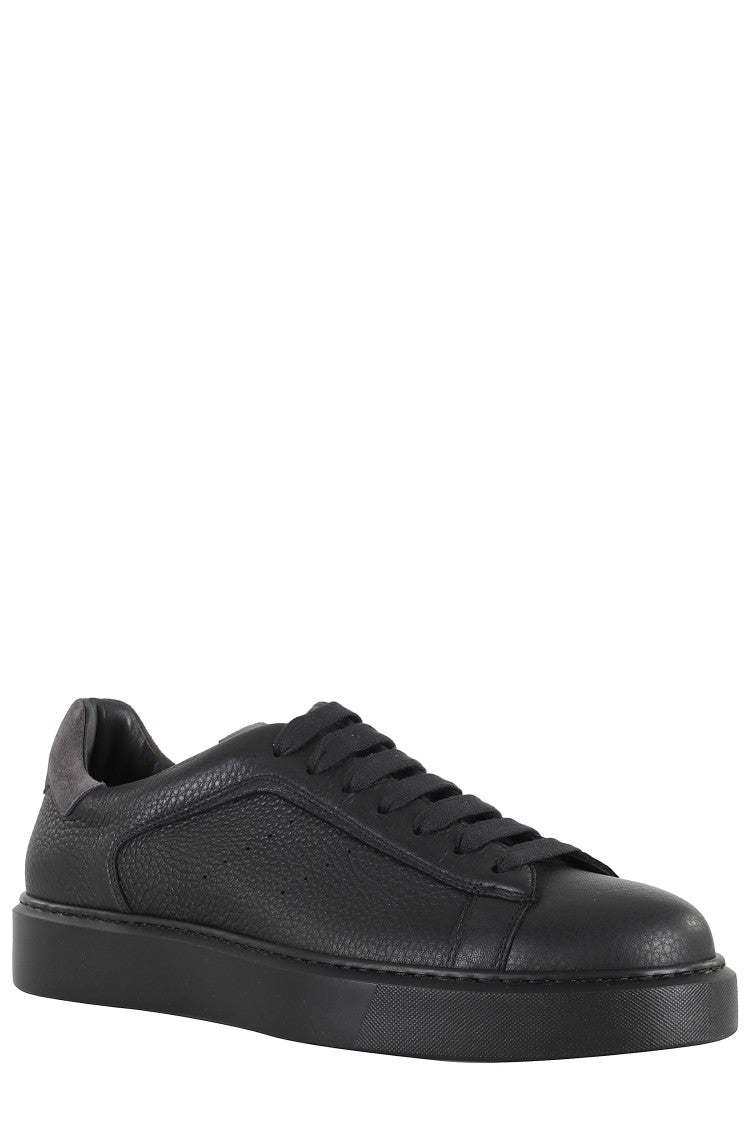 Black Tumbled Leather Sneakers With Suede Heel