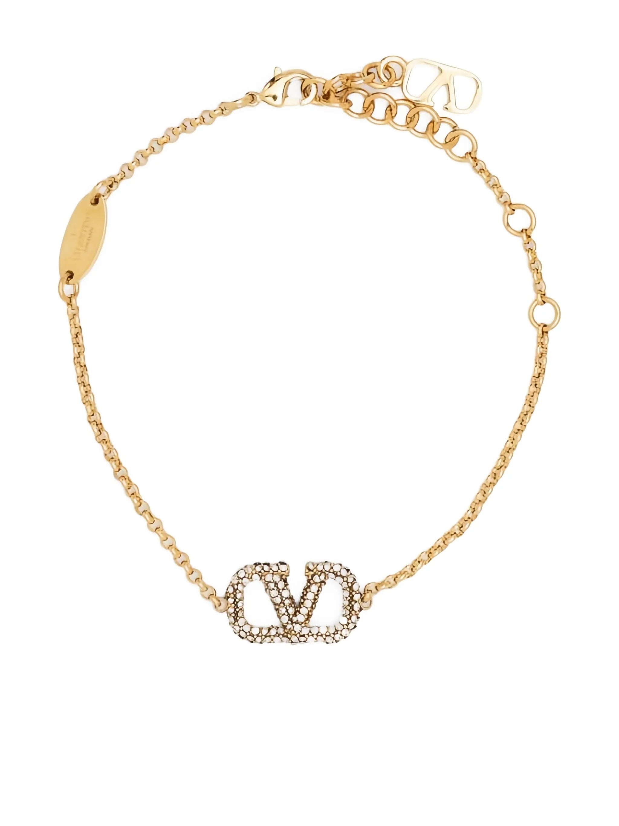 Gold V-Logo Crystal Embellished Chain Bracelet