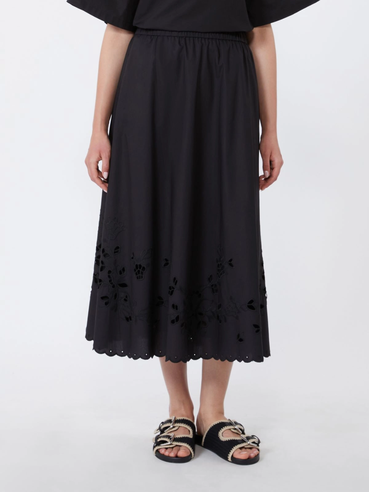 Midi-length Skirt with Flared Silhouette and Floral Embroidery