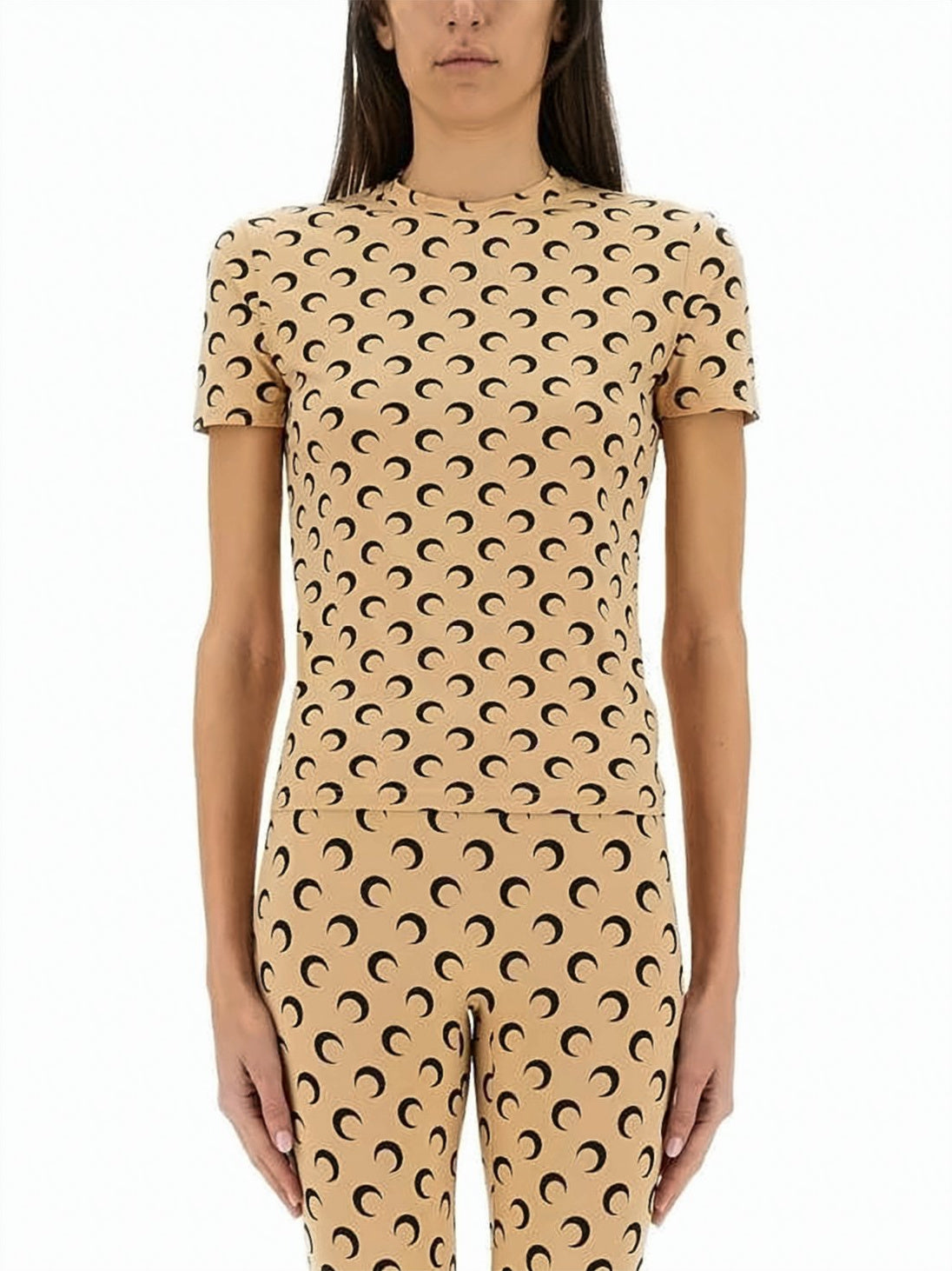 Fitted Short-Sleeve Top with Crescent Moon Pattern