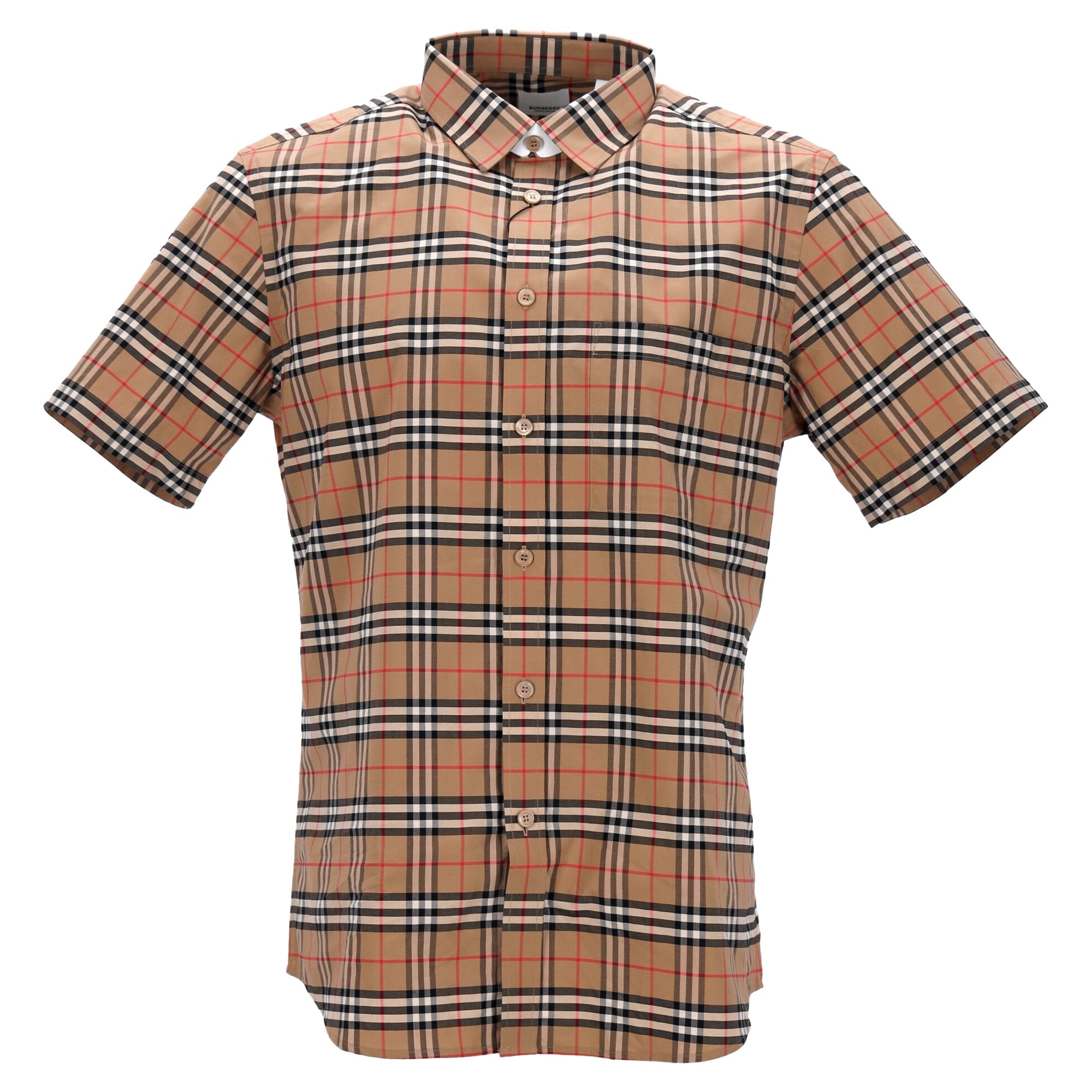 Short-Sleeved Checked Shirt With Classic Collar And Curved Hem