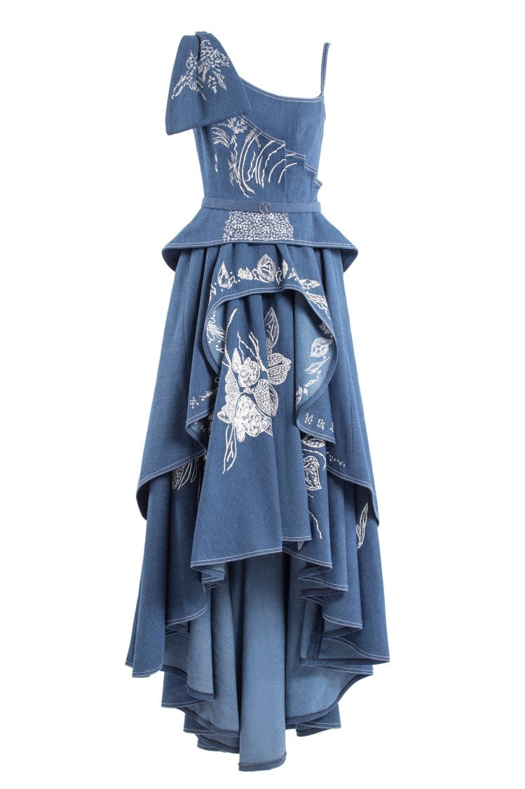 Denim Dress With Floral Embroidery