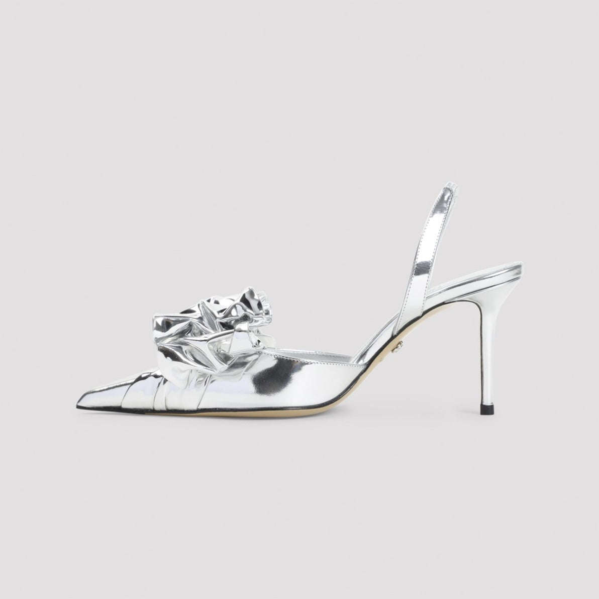Metallic Silver Pumps With Ruffled Bow Detail