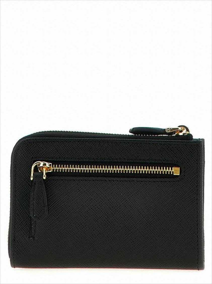 Textured Calf Leather Card Wallet With Zip Closure And Gold-Tone Hardware