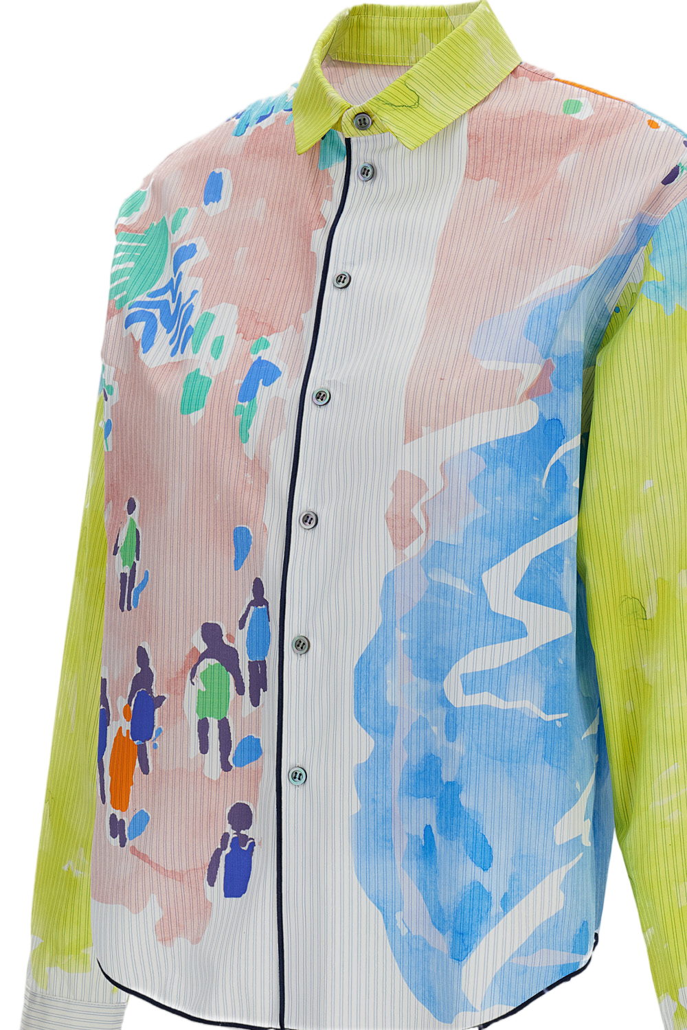 Cropped Long-Sleeved Cotton Shirt with Watercolor-Style Print