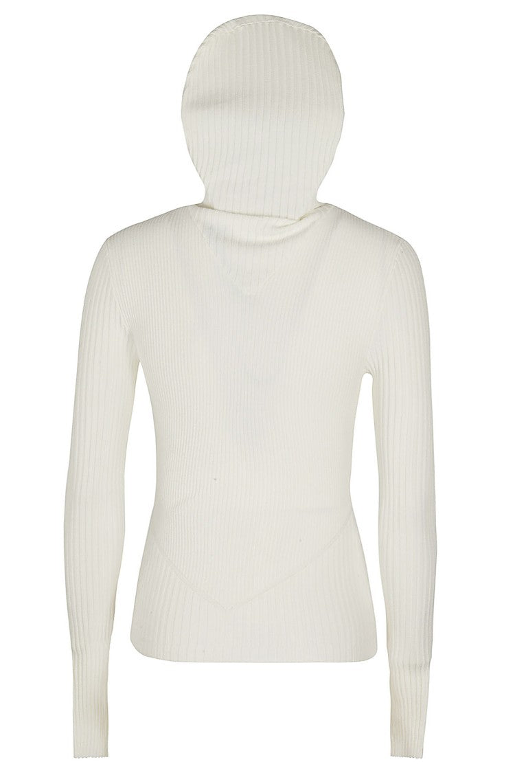 Ivory Ribbed Knit Hoodie Top With High Neckline