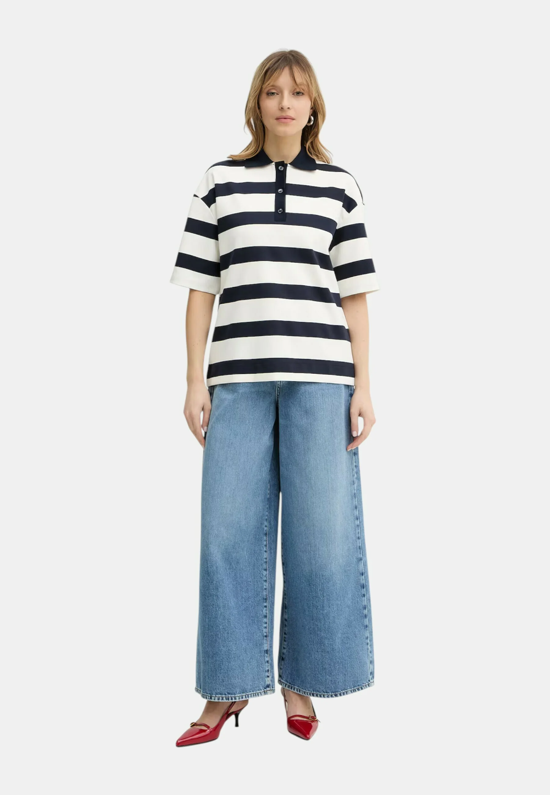 Navy Striped Viscose Polo Shirt
