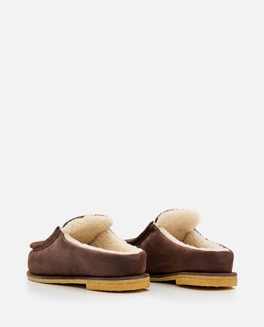 Brown Suede Mules With Cozy Fur Interior And Embossed Seams