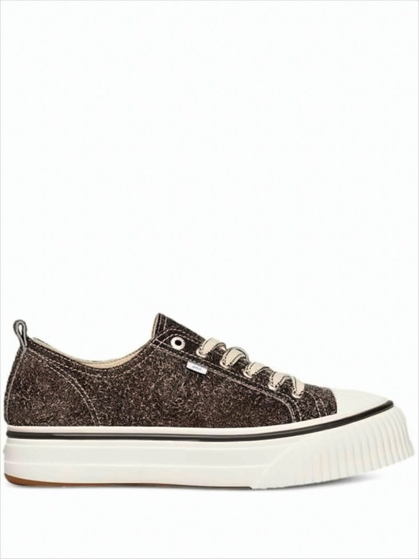 Textured Dark Brown Low-Top Sneakers With Cream Laces And Heart Detail