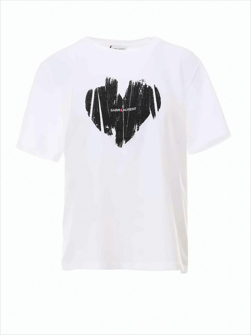 White Cotton Saint Laurent T-Shirt with Bold Heart Graphic