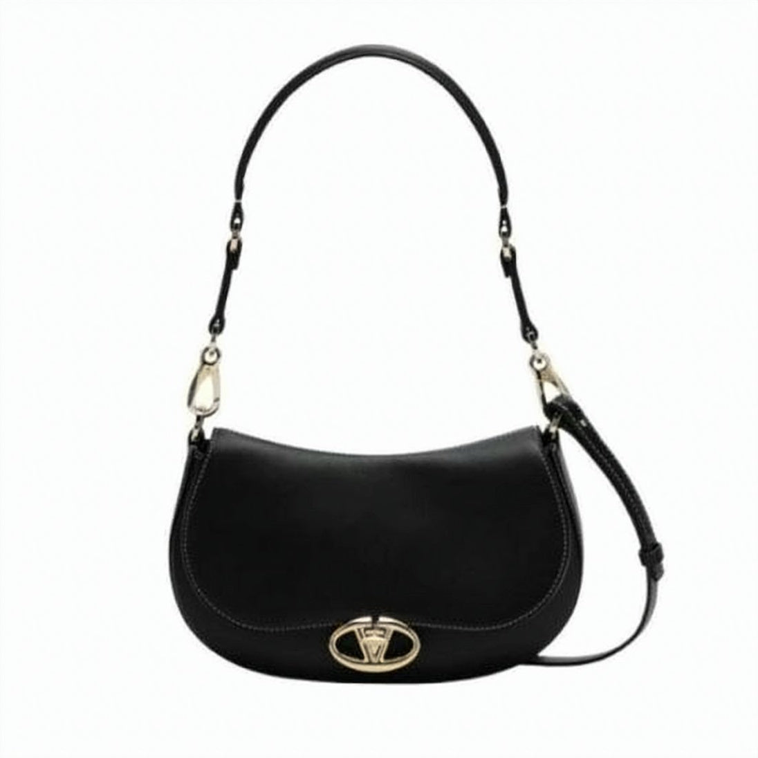 Curved Black Calf Leather Shoulder Bag