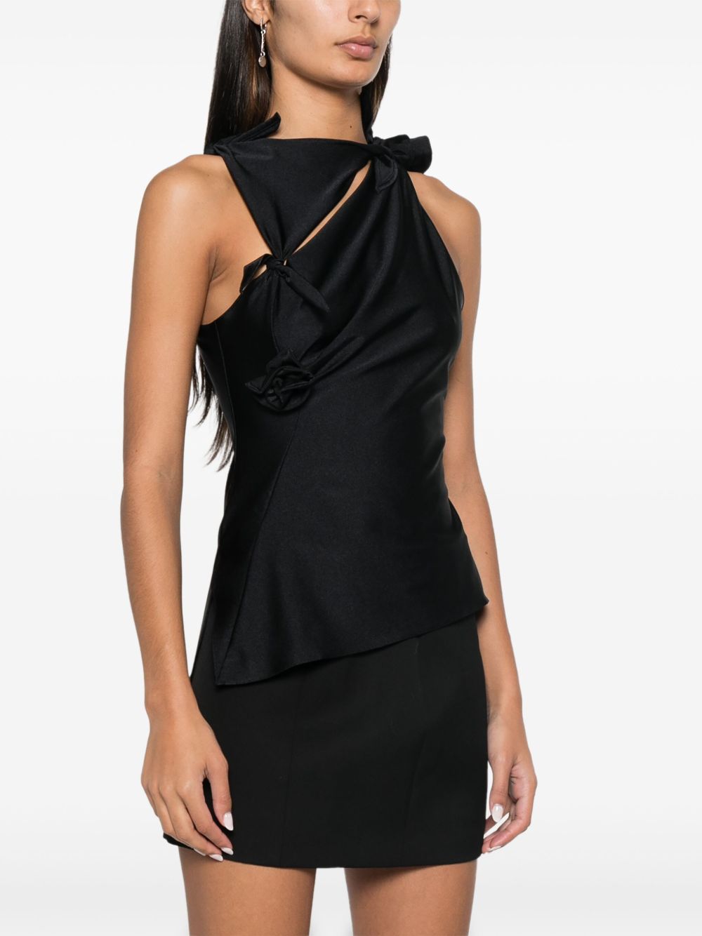 Sleeveless Black Satin Top With Floral Appliqué
