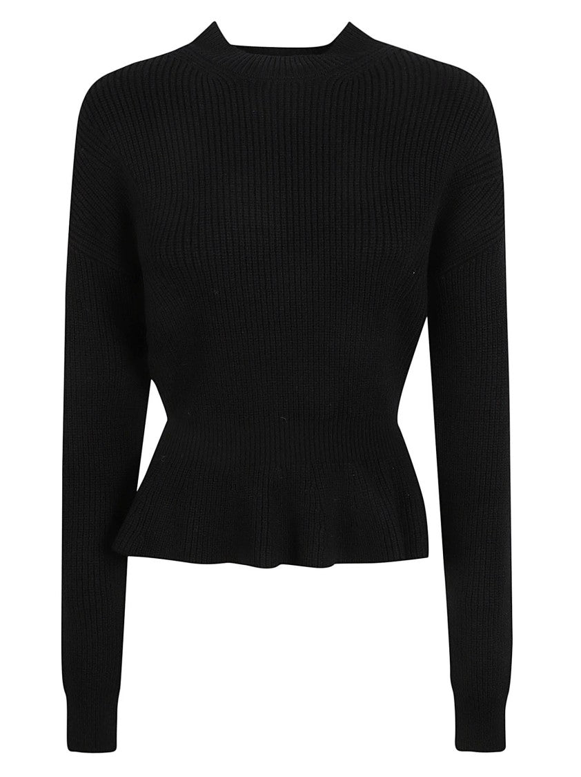 Ribbed Black Wool Sweater With Peplum Hem