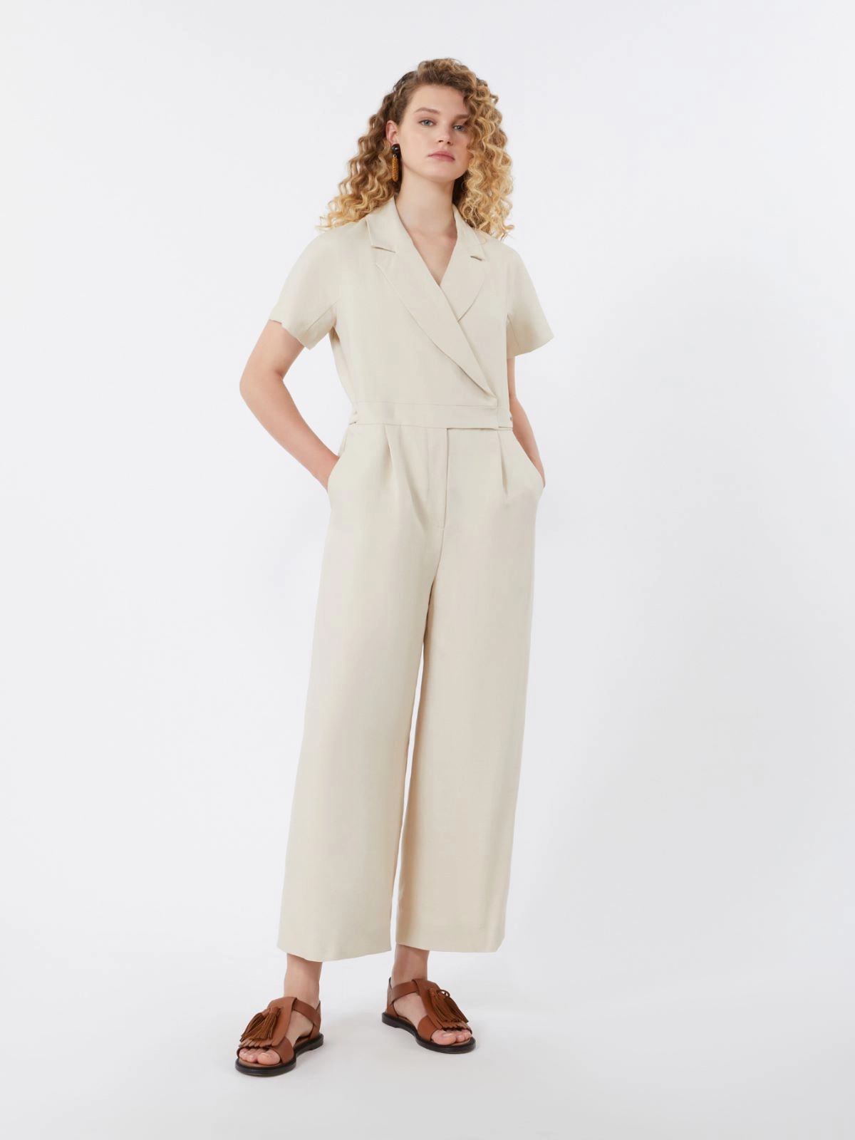 Short-Sleeved Jumpsuit with Wrap Front and Notched Lapel