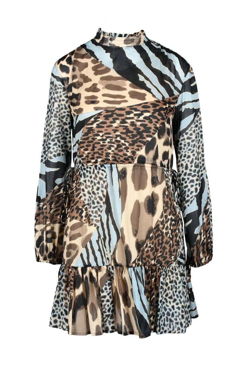 Gauzed Dress - Brown/Light Blue