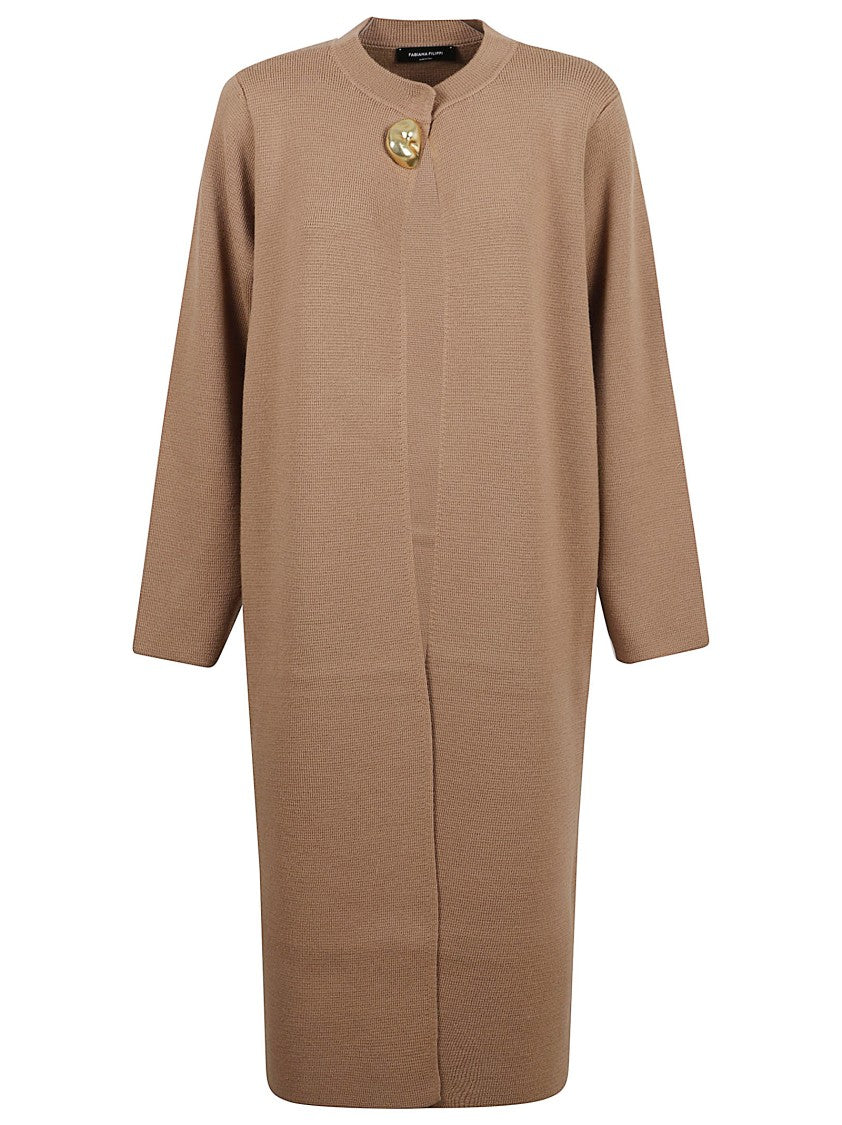 Camel Long Sleeve Sweater With Gold-Tone Button