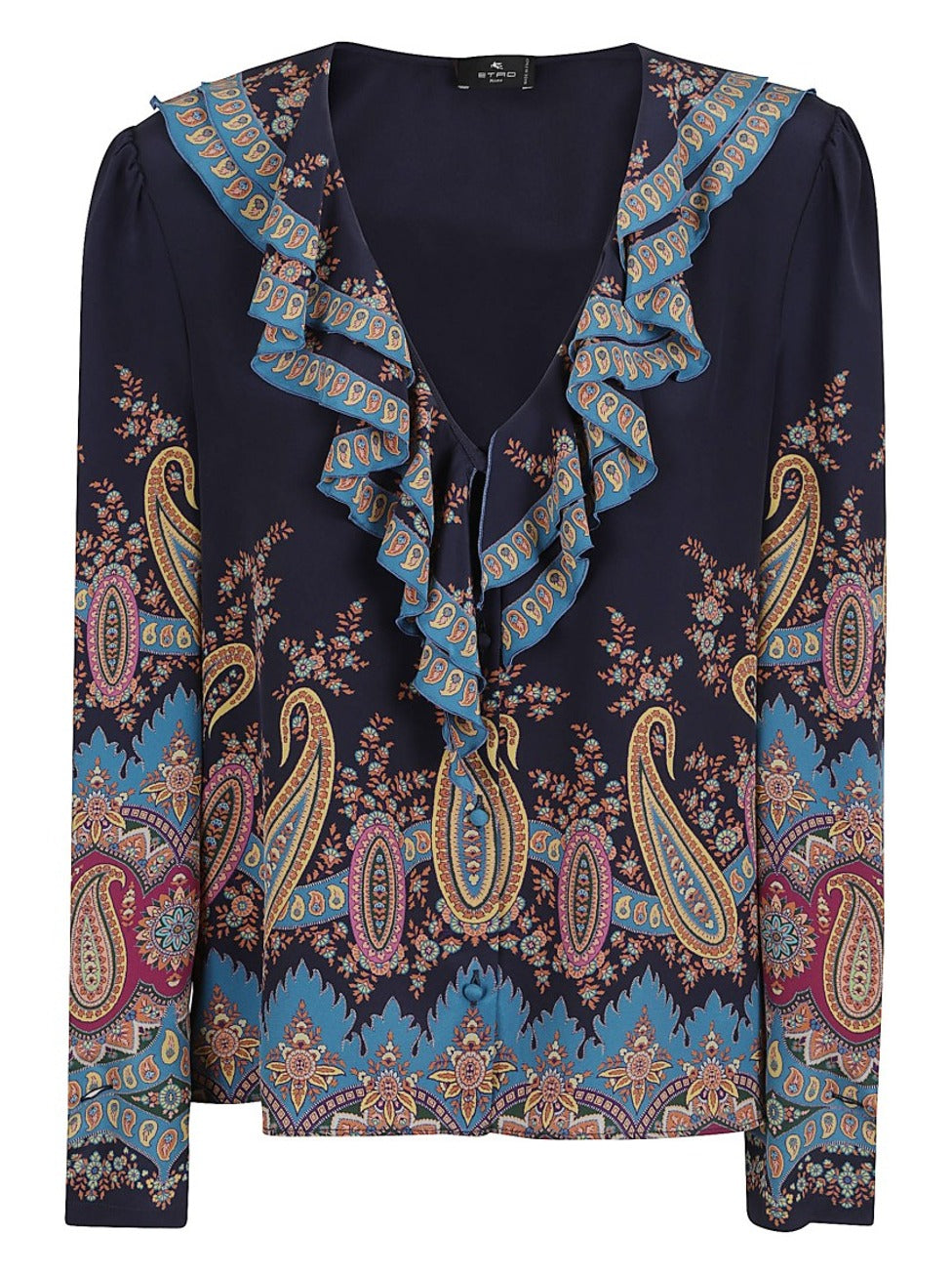Intricately Patterned Silk Blouse With Ruffled Collar