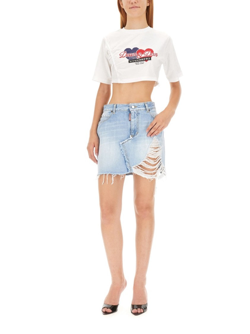 Distressed Mini Skirt With Asymmetrical Cut