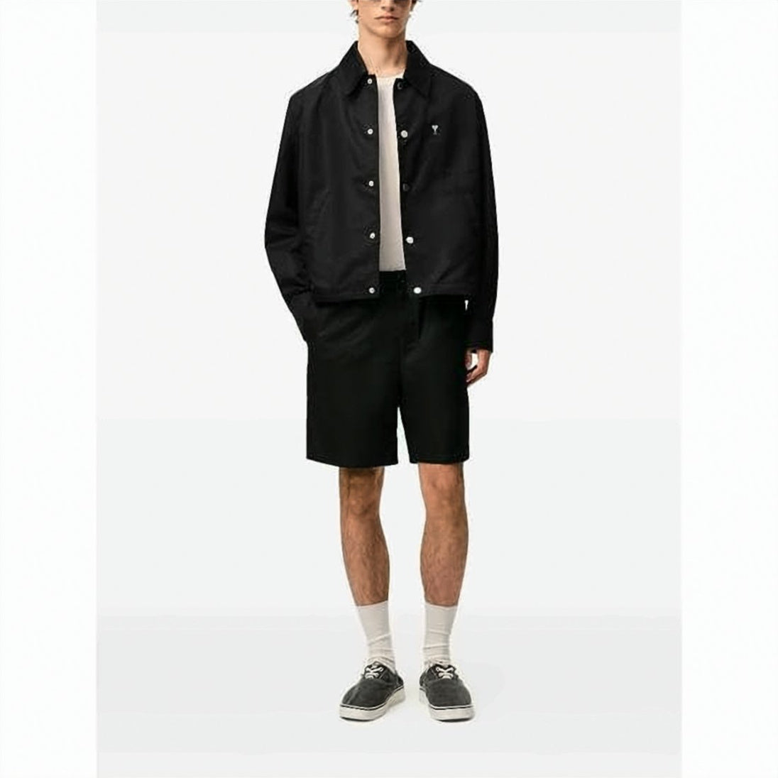Nylon Jacket with Metallic Stud Buttons and Minimalist Design