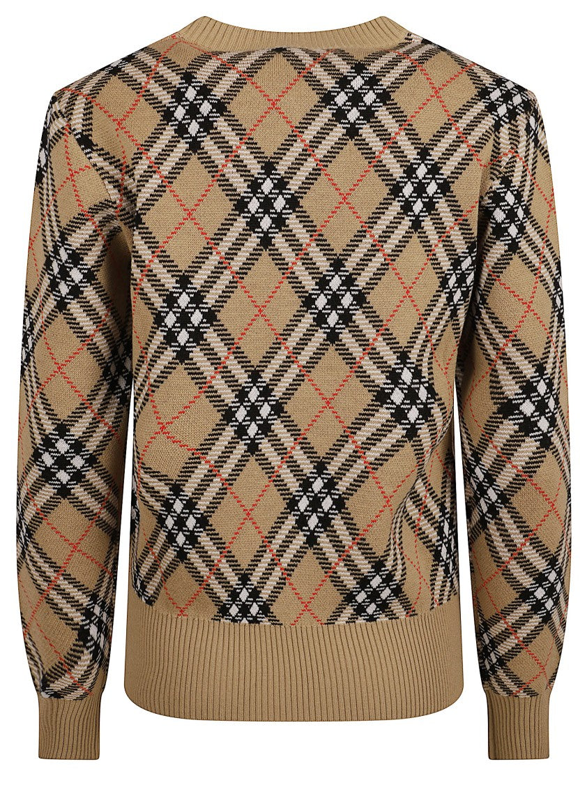 Plaid Crewneck Sweater With Ribbed Trims