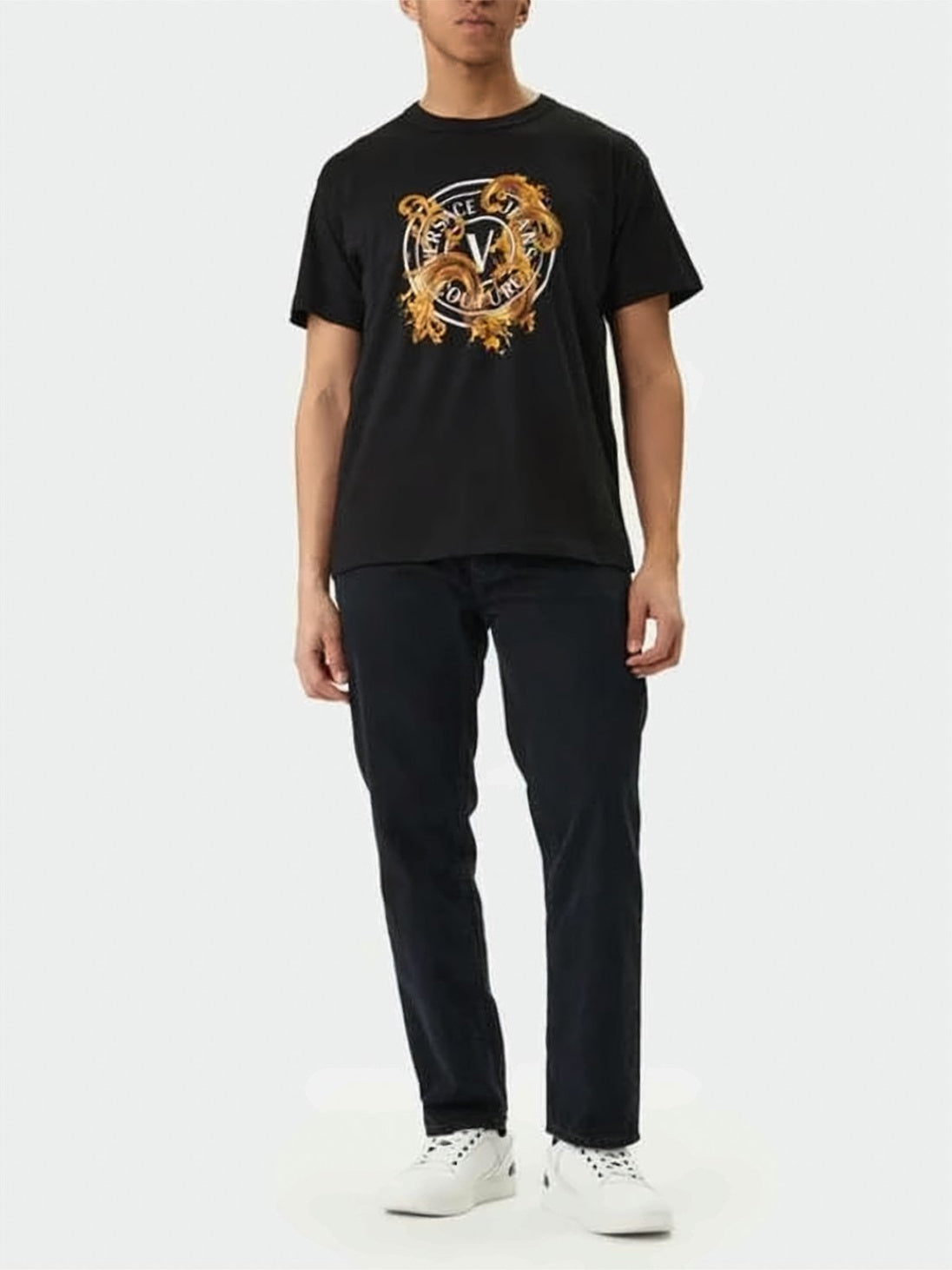 Short-Sleeve Black T-Shirt with Bold Baroque Graphic