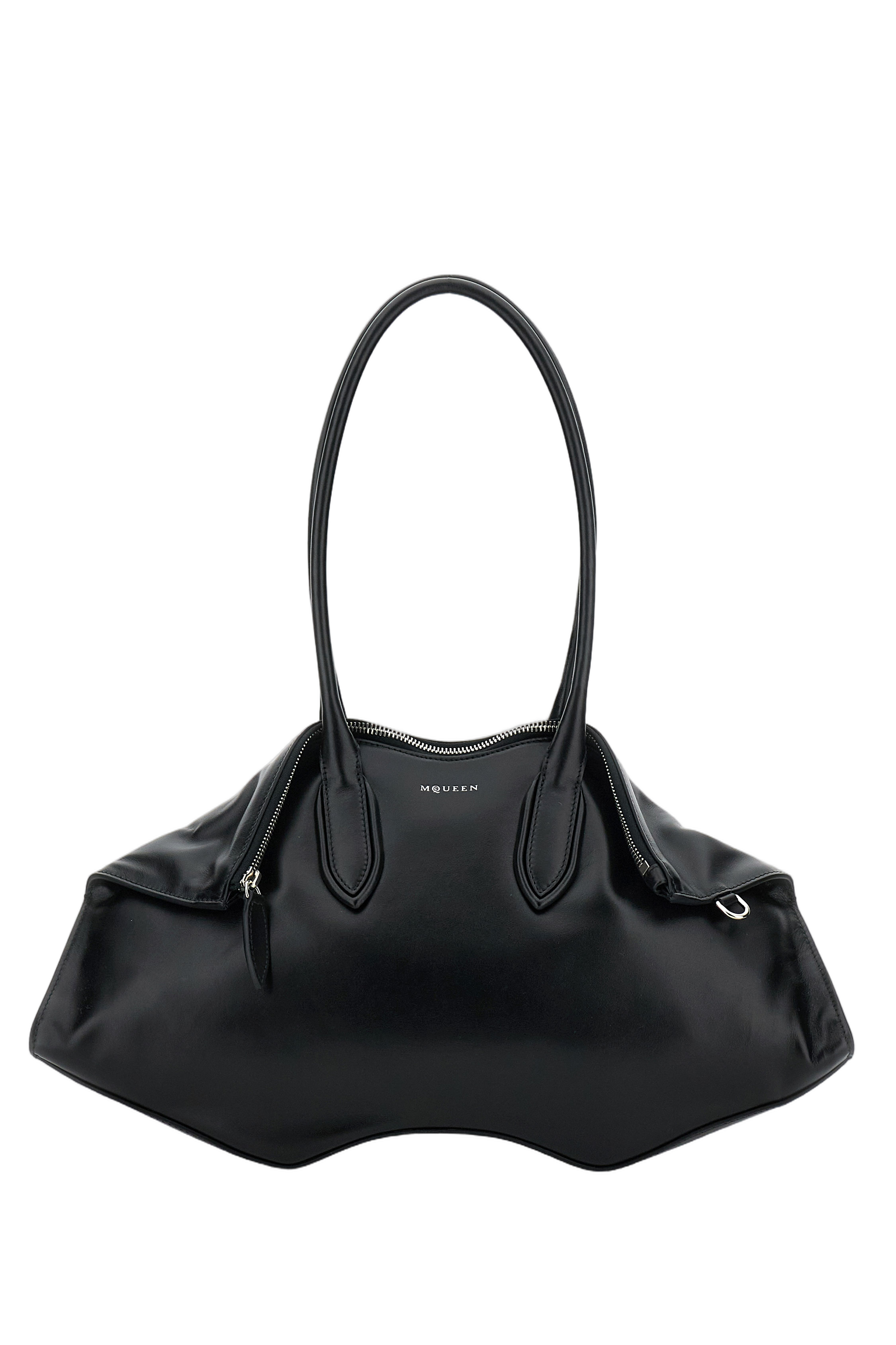 Elongated Leather Shoulder Bag with Double Tubular Handles