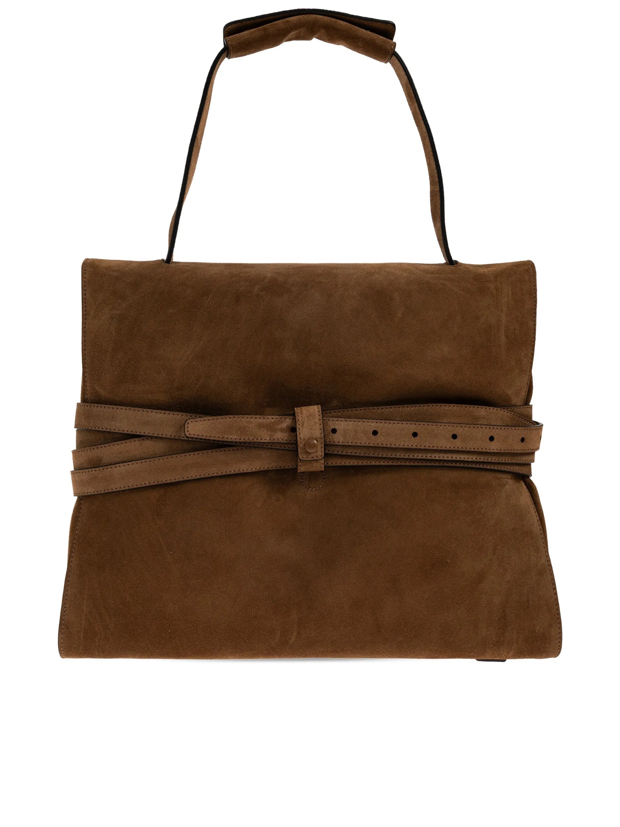 Brown Large Rectangular Suede Handbag With Belts