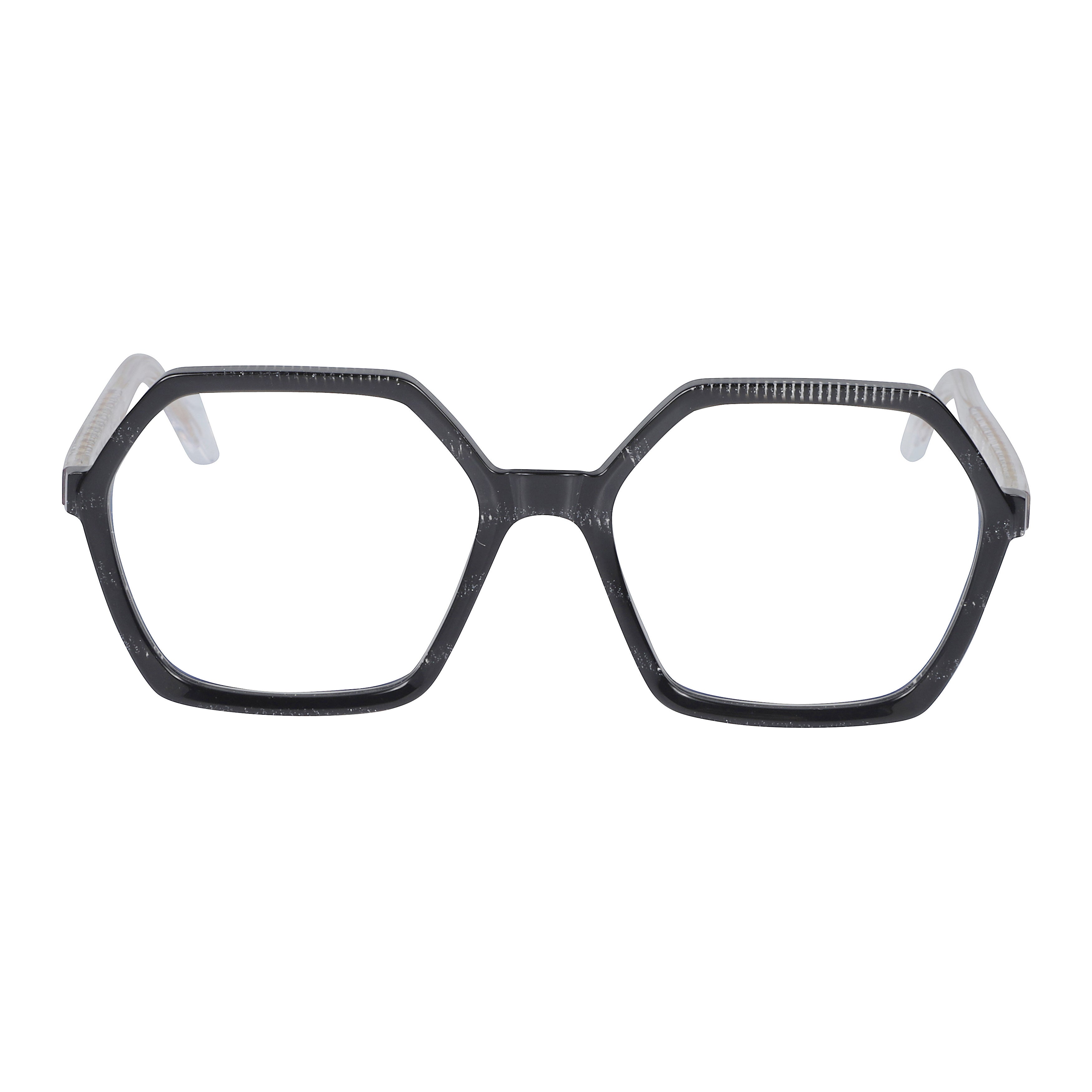 Exagon Glamour Hexagonal Black Eyeglasses with Translucent Textured Arms