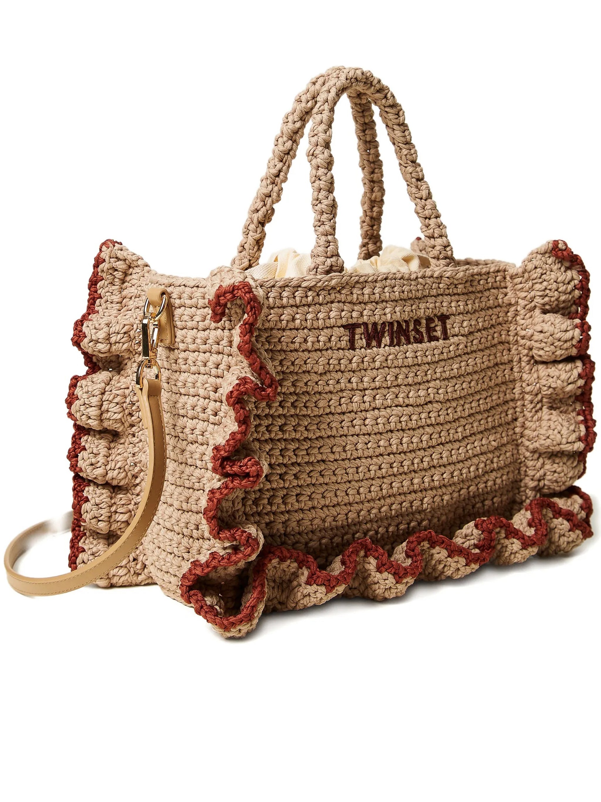 Rectangular Woven Bag With Ruffled Edges And Leather Strap