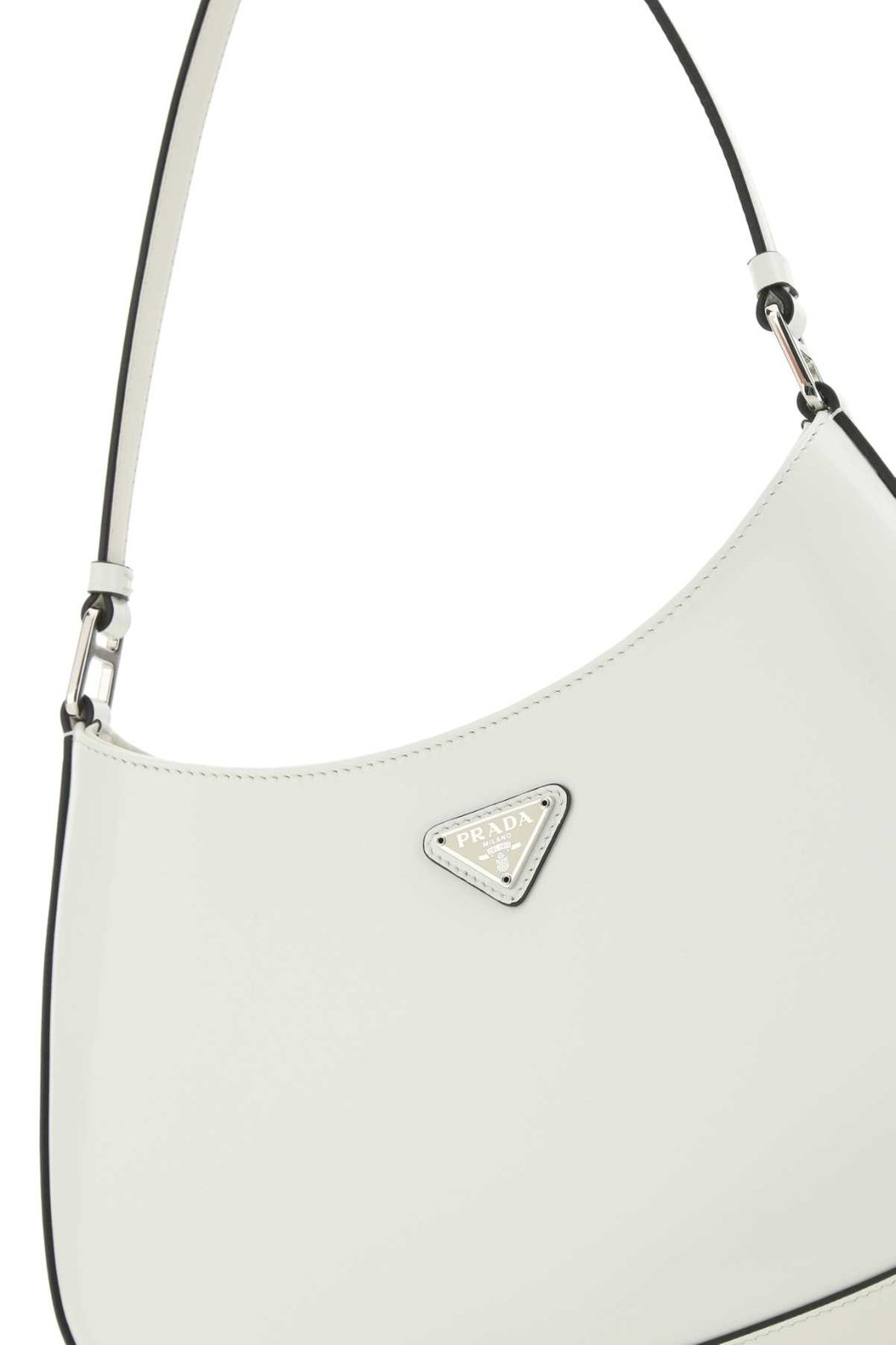 Curved White Shoulder Bag with Triangular Logo and Gold Hardware