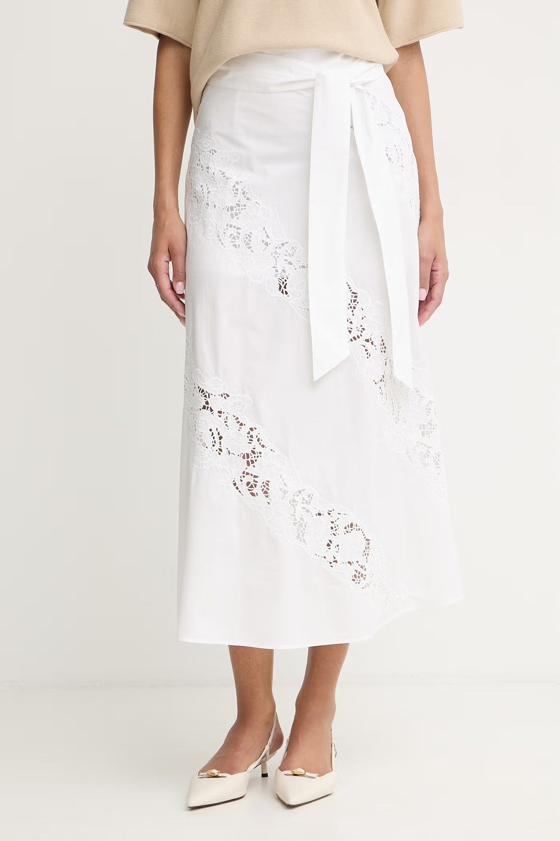 Midi A-line Skirt with Lace Inserts