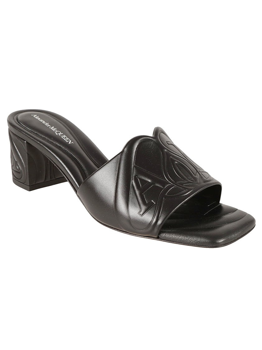 Black Heeled Mules With Embossed Detailing