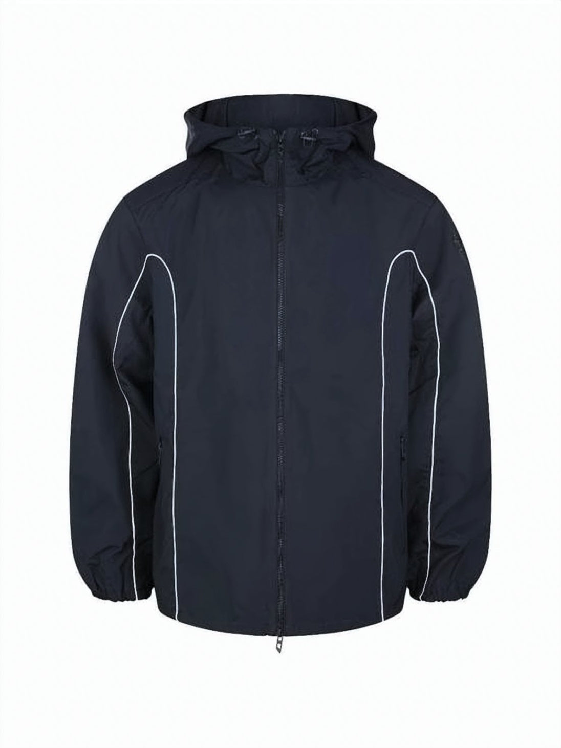 Hooded Black Nylon Jacket with Piping and Adjustable Features