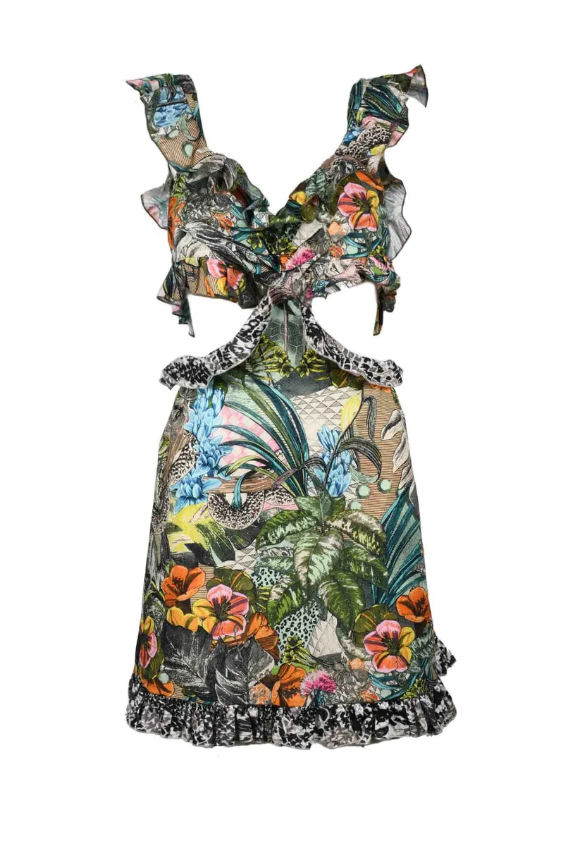 Ruffled Mini Dress with Botanical Print