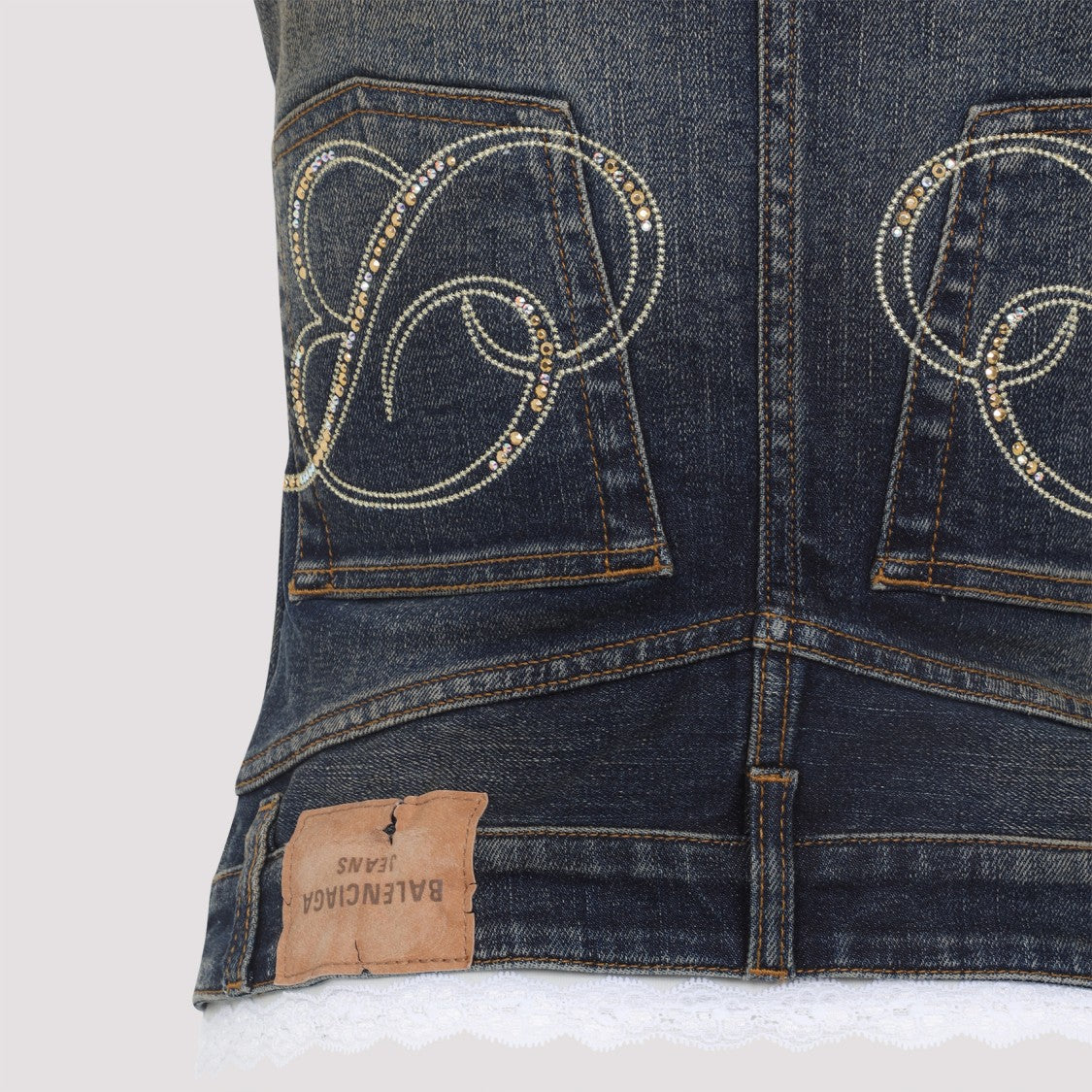 Fitted Denim-Inspired Top With Lace Trim And Spaghetti Straps
