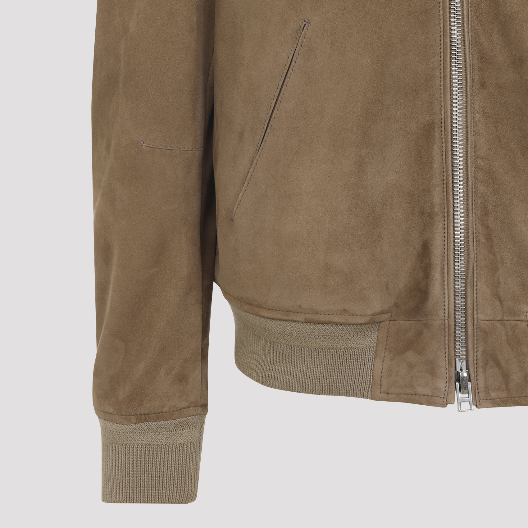 Suede Lamb Leather Bomber Jacket With Zippered Pockets