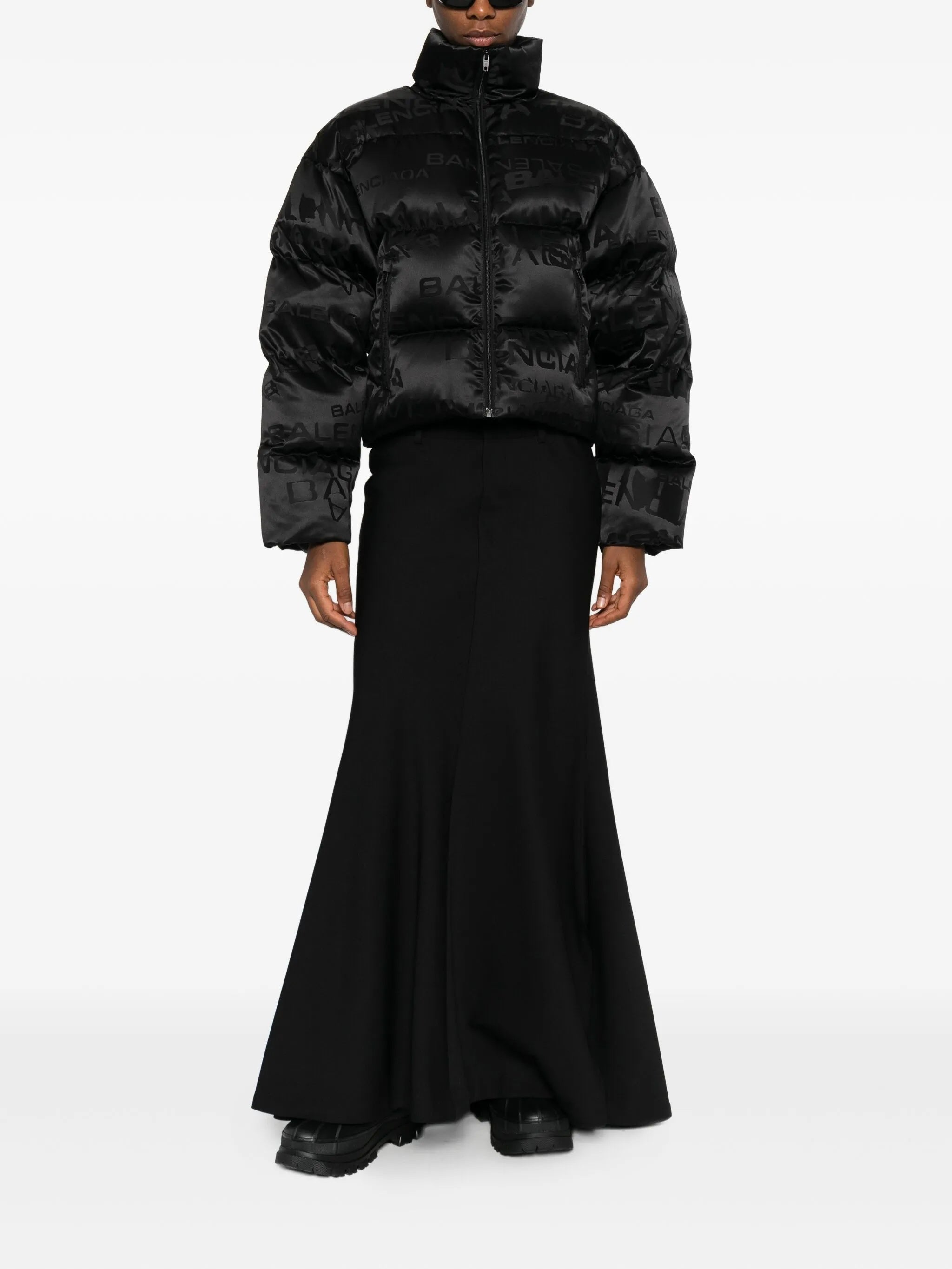 Black Cropped Puffer Tonal Logo Jacket