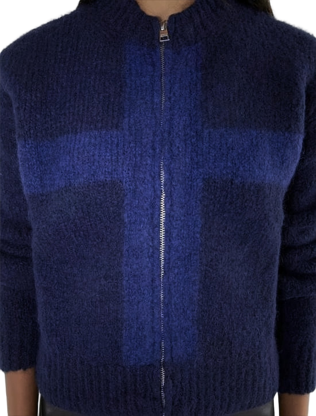 Fuzzy Texture Zip-Up Cardigan with Cross Pattern