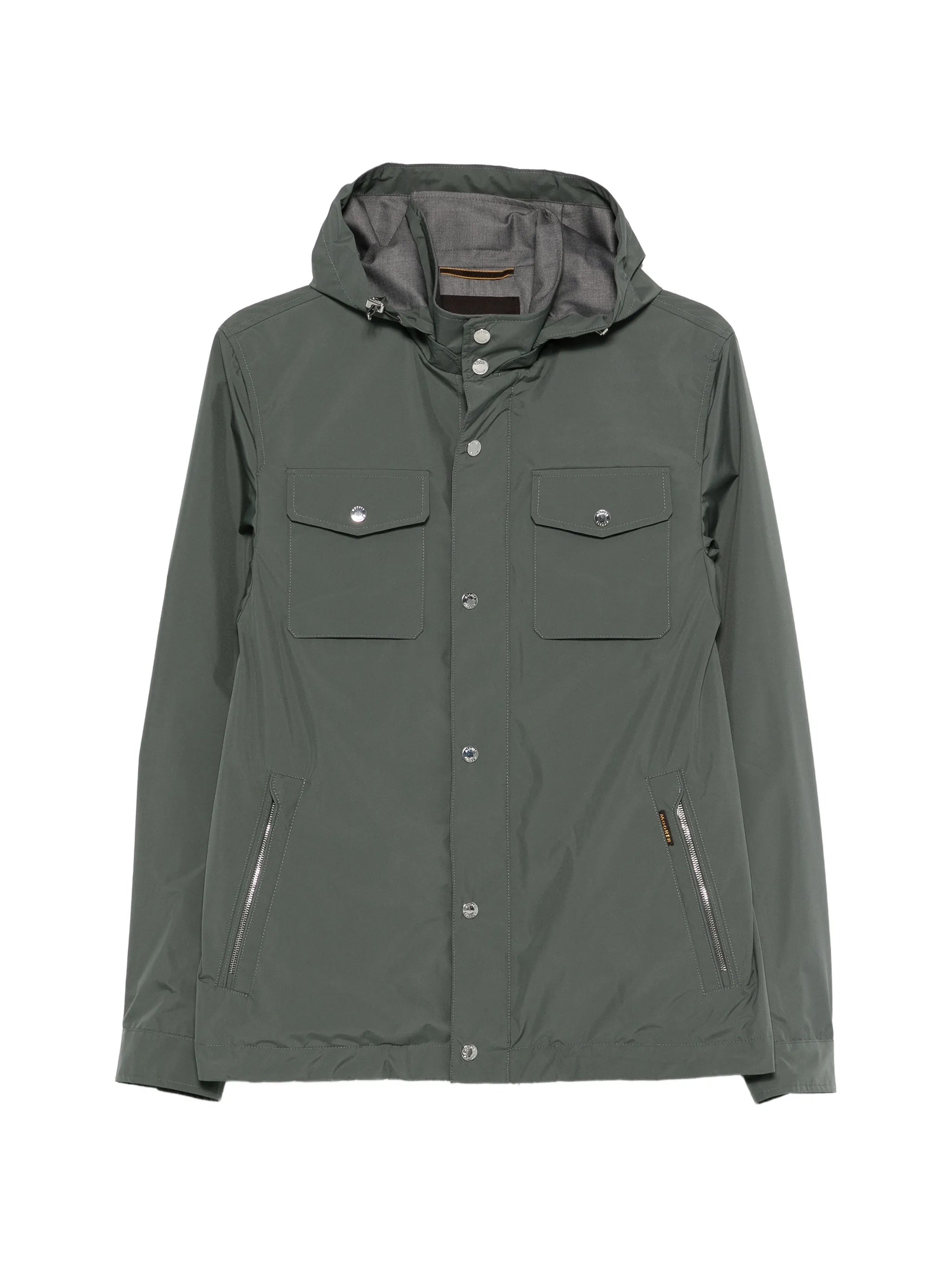 Muted Green Jacket With Adjustable Hood And Functional Pockets