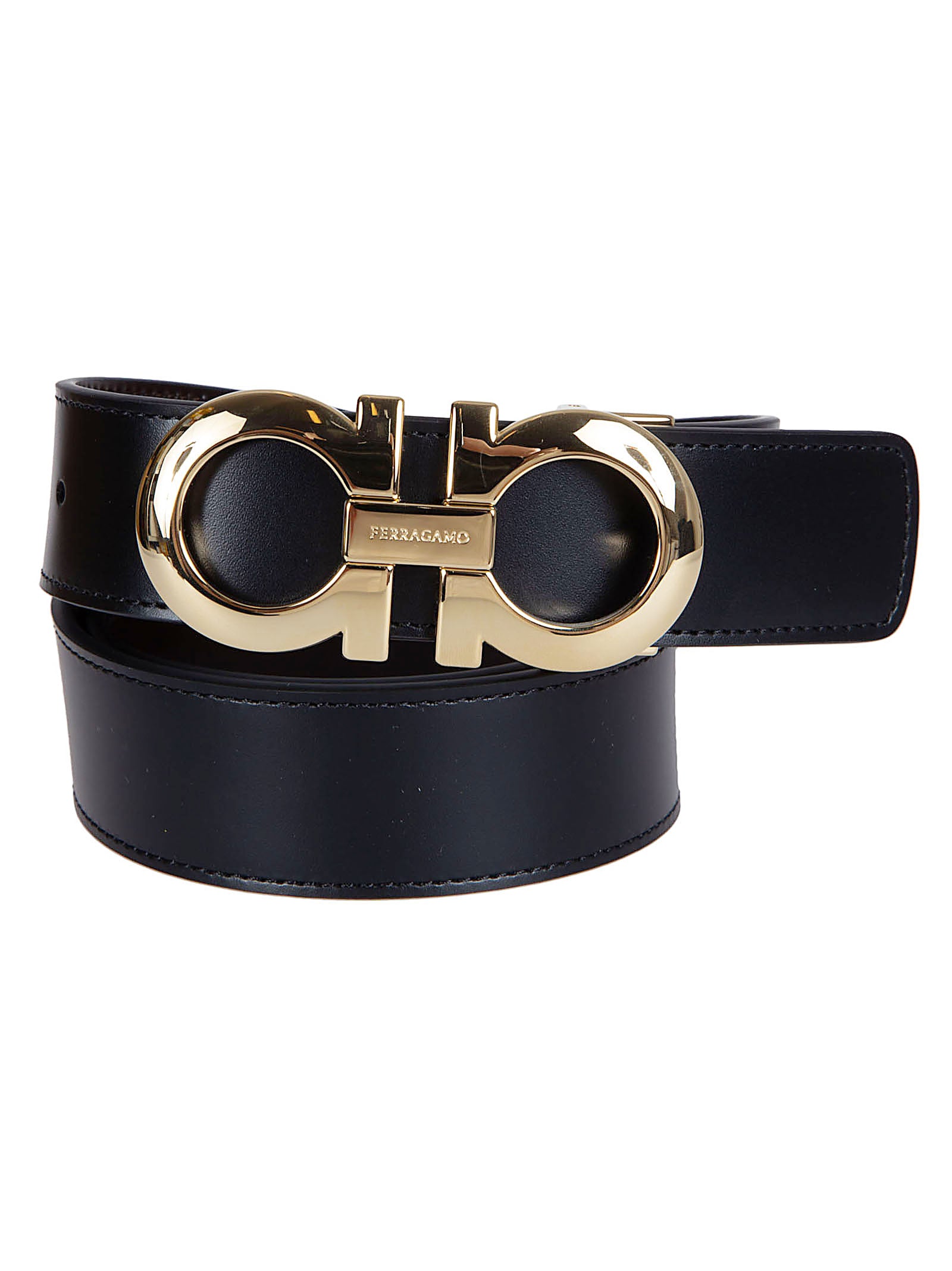 Black Leather Belt with Sculpted Gold-tone Buckle