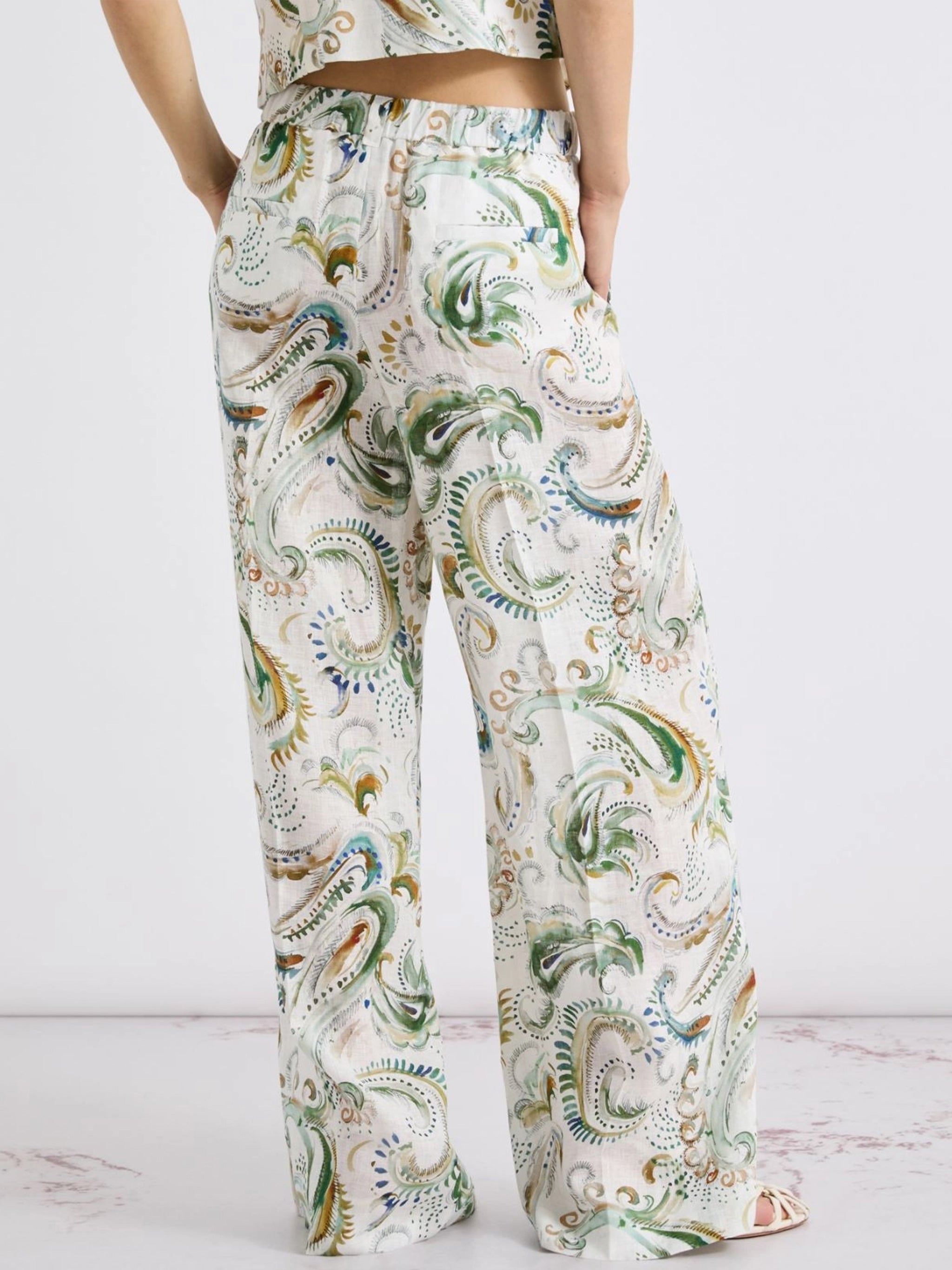 Neutral Mlldomino Patterned Wide-Leg Linen Pants